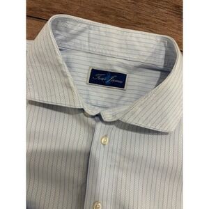 Tom James Mens Blue White Herringbone Stripe Dress Shirt Monogram Cuff L/S